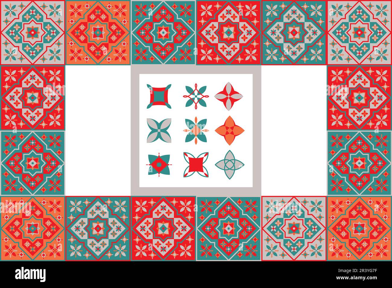 Marocco piastrelle texture sfondo. Piastrella decorativa in ceramica colorata. Design colorato. Set di pattern vettoriali senza giunture. Illustrazione Vettoriale
