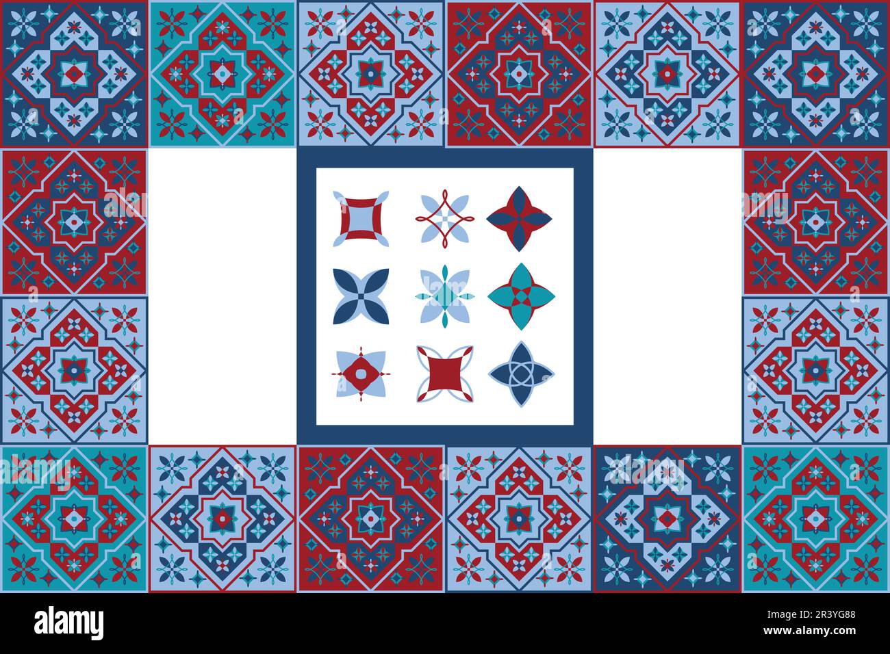 Marocco piastrelle texture sfondo. Piastrella decorativa in ceramica colorata. Design colorato. Set di pattern vettoriali senza giunture. Illustrazione Vettoriale