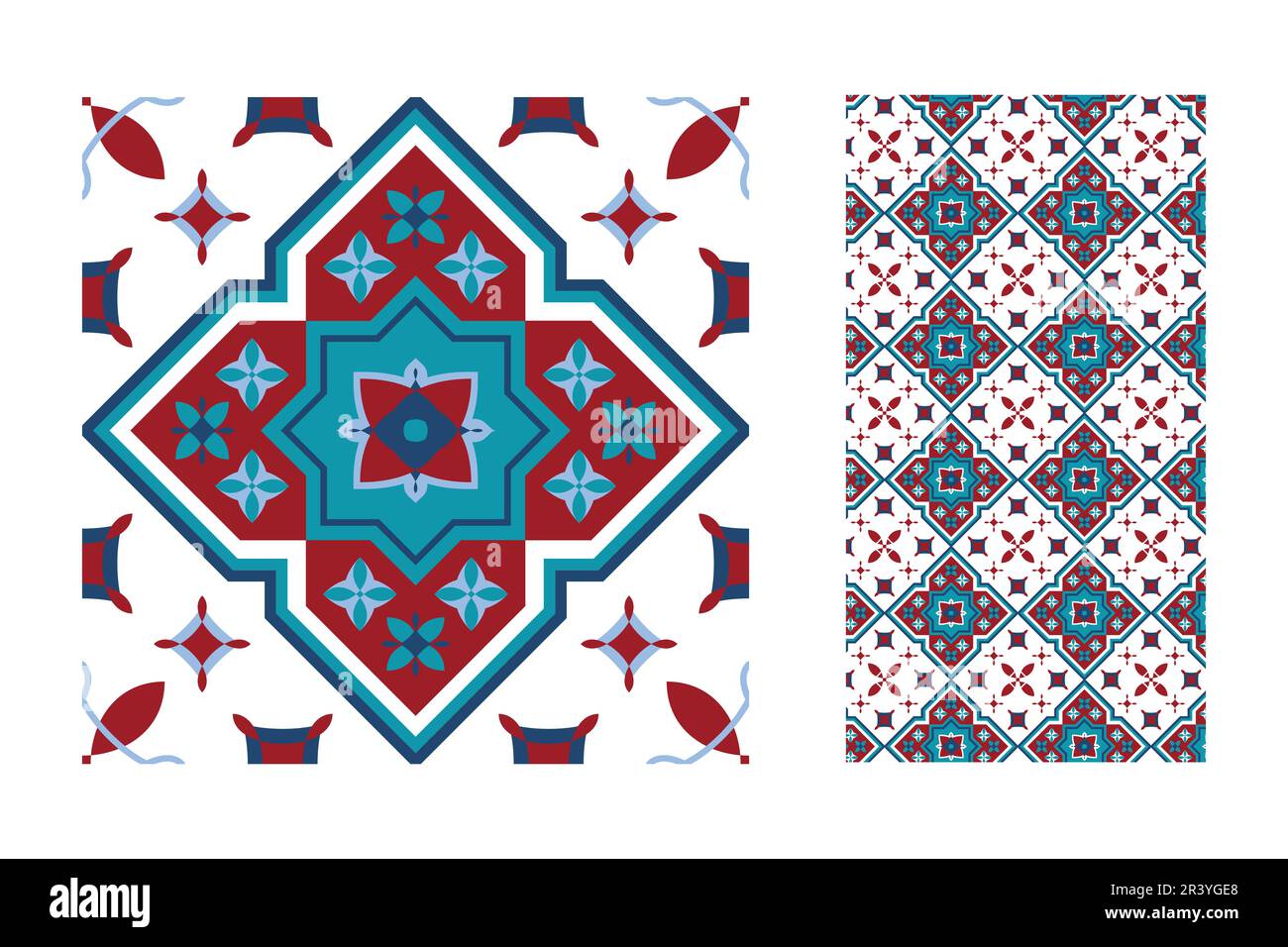 Piastrelle islamiche di sfondo texture. Piastrella decorativa in ceramica colorata. Design colorato. Set di pattern vettoriali senza giunture. Illustrazione Vettoriale