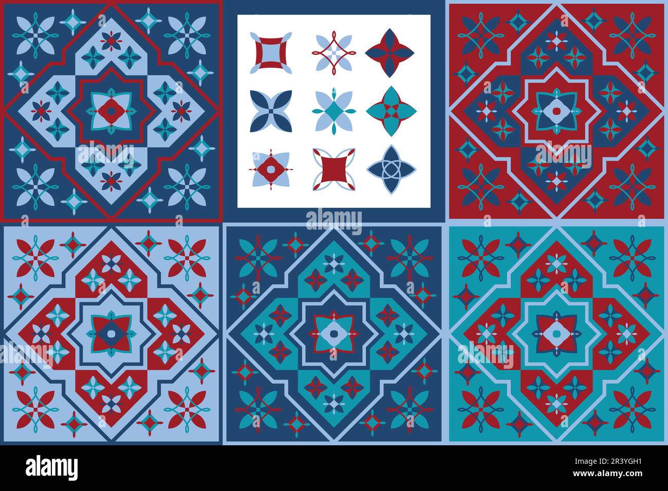 Marocco piastrelle texture sfondo. Piastrella decorativa in ceramica colorata. Design colorato. Set di pattern vettoriali senza giunture. Illustrazione Vettoriale