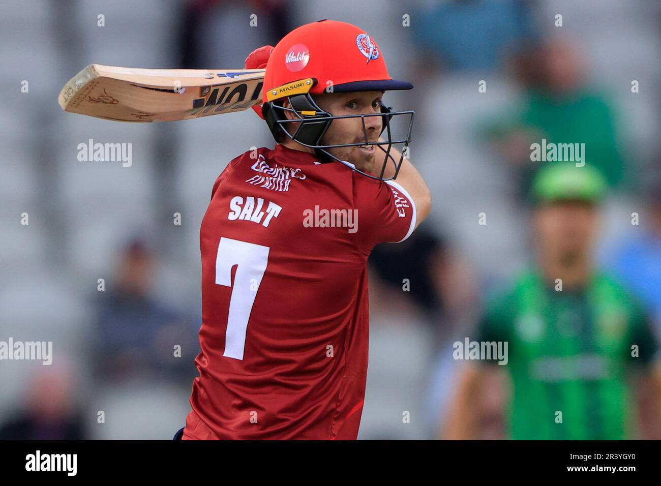 Phil Salt of Lanashire Lightning batting durante la partita Vitality Blast Lancashire Lightning vs Leicestershire Foxes a Old Trafford, Manchester, Regno Unito, 25th maggio 2023 (Photo by Conor Molloy/News Images) a Manchester, Regno Unito il 5/25/2023. (Foto di Conor Molloy/News Images/Sipa USA) Foto Stock