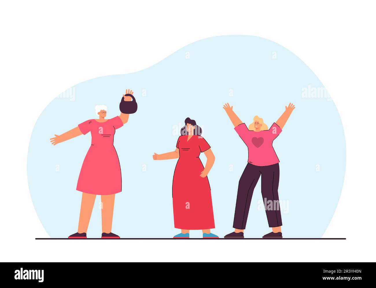 Donna anziana che solleva pesi e giovani donne che fanno il tifo Illustrazione Vettoriale