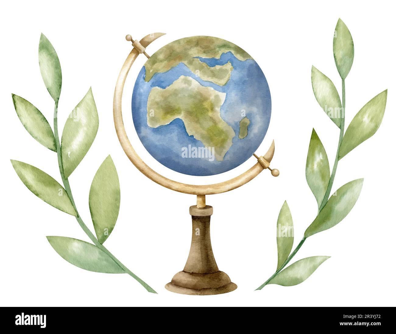 Globo vintage con rami verdi di piante. Illustrazione di acquerello disegnata a mano del vecchio modello di Terra retrò con foglie su sfondo bianco isolato. Disegno di oggetti per la scienza o l'educazione scolastica. Foto Stock