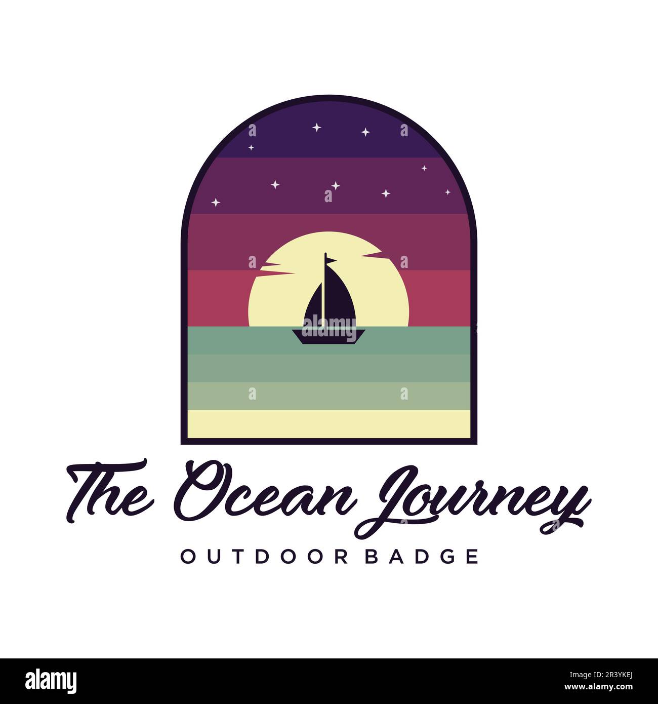 Logo Ocean Journey. Illustrazione vettoriale barca e mare di notte Illustrazione Vettoriale