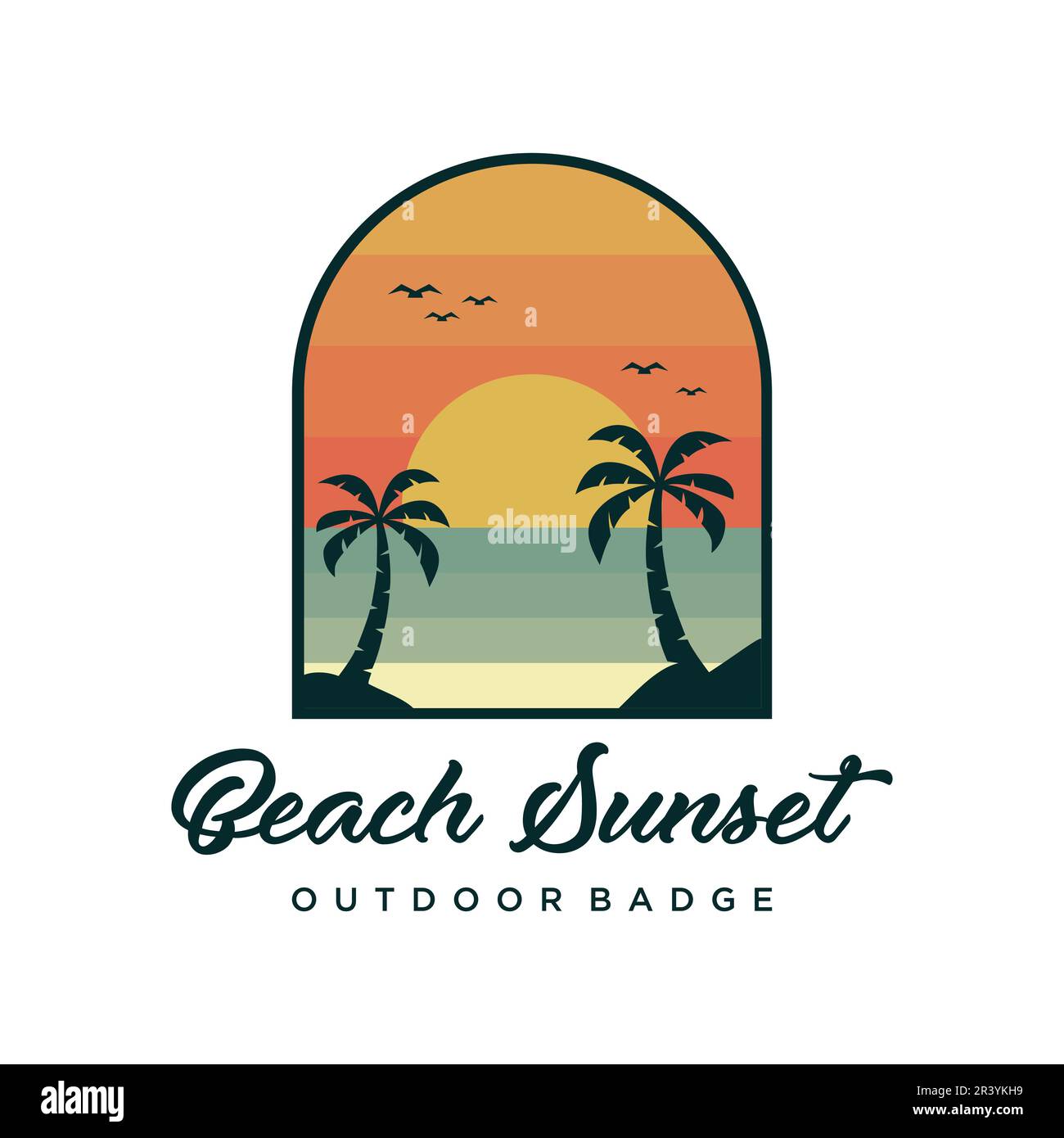 Creative Beach Sunset Outdoor badge logo design vettoriale. Illustrazione dell'oceano in stile retrò Illustrazione Vettoriale