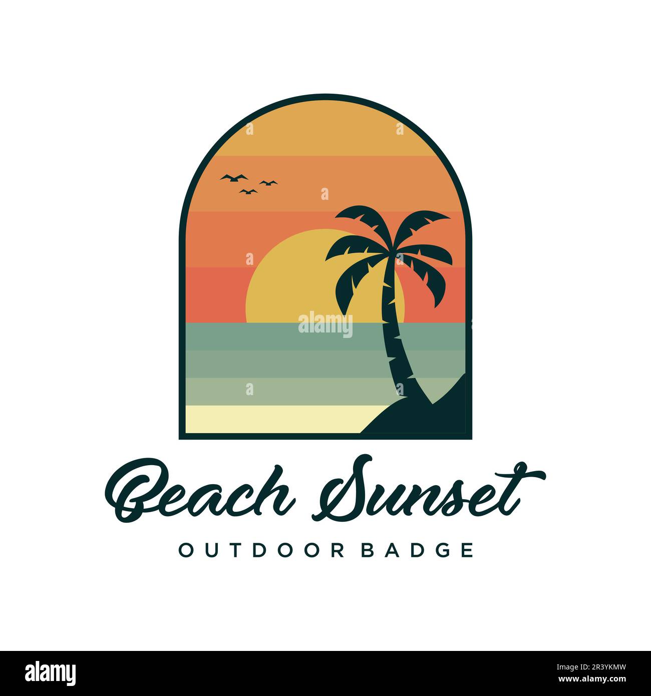 Immagine vettoriale del logo del logo del tramonto sulla spiaggia. Paradiso creativo isola tropicale vacanza design in stile retrò. Illustrazione Vettoriale