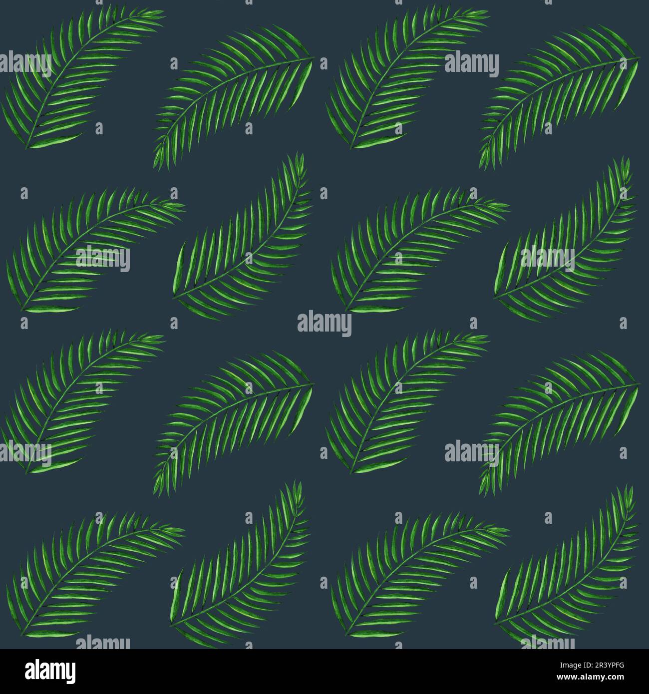 Motivo tropicale senza cuciture con foglie di palma di cocco su sfondo nero-blu scuro. Illustrazione ad acquerello disegnata a mano. Foto Stock