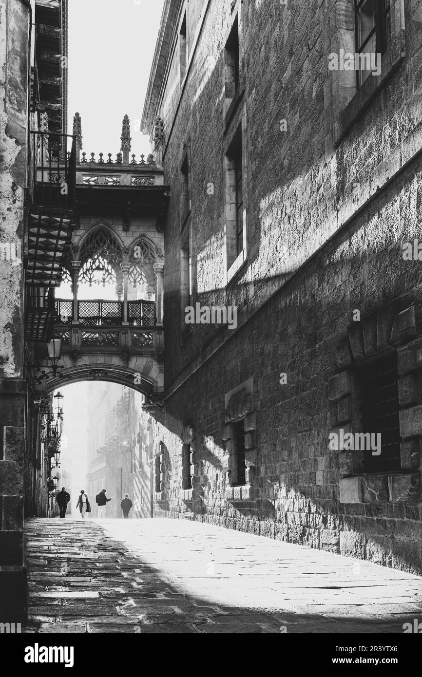 Barcellona, Spagna - 27 gennaio 2022. Persone che camminano vicino al ponte Pont del Bisce nel cuore del centro di Barcellona Foto Stock