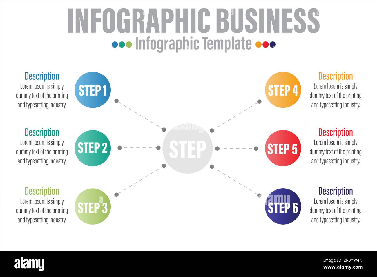 Cerchio di affari. Icone infografiche della timeline progettate per il modello di sfondo astratto con sei passaggi 6 e sei opzioni 6. Illustrazione Vettoriale