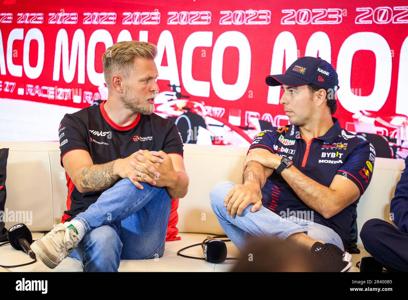 Conferenza stampa: MAGNUSSEN Kevin (den), Haas F1 Team VF-23 Ferrari, PEREZ Sergio (mex), Red Bull Racing RB19, in occasione del Gran Premio di Formula 1 di Monaco 2023, 6th° round del Campionato del mondo di Formula uno 2023 dal 26 al 28 maggio 2023 sul circuito di Monaco, a Monaco - Foto: Florent Gooden/DPPI/LiveMedia Foto Stock