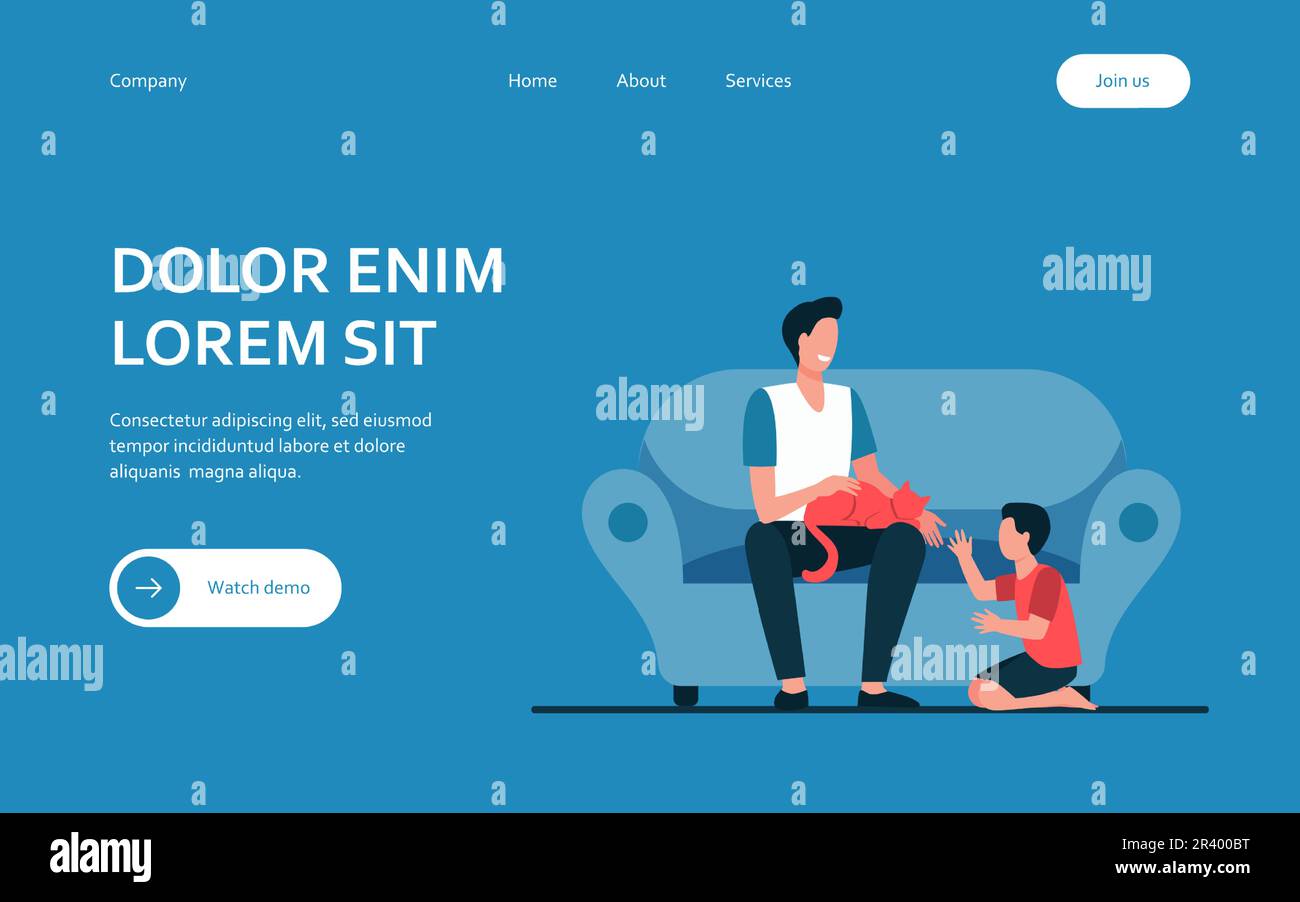 Buon papà con figlio e gatto a casa Illustrazione Vettoriale