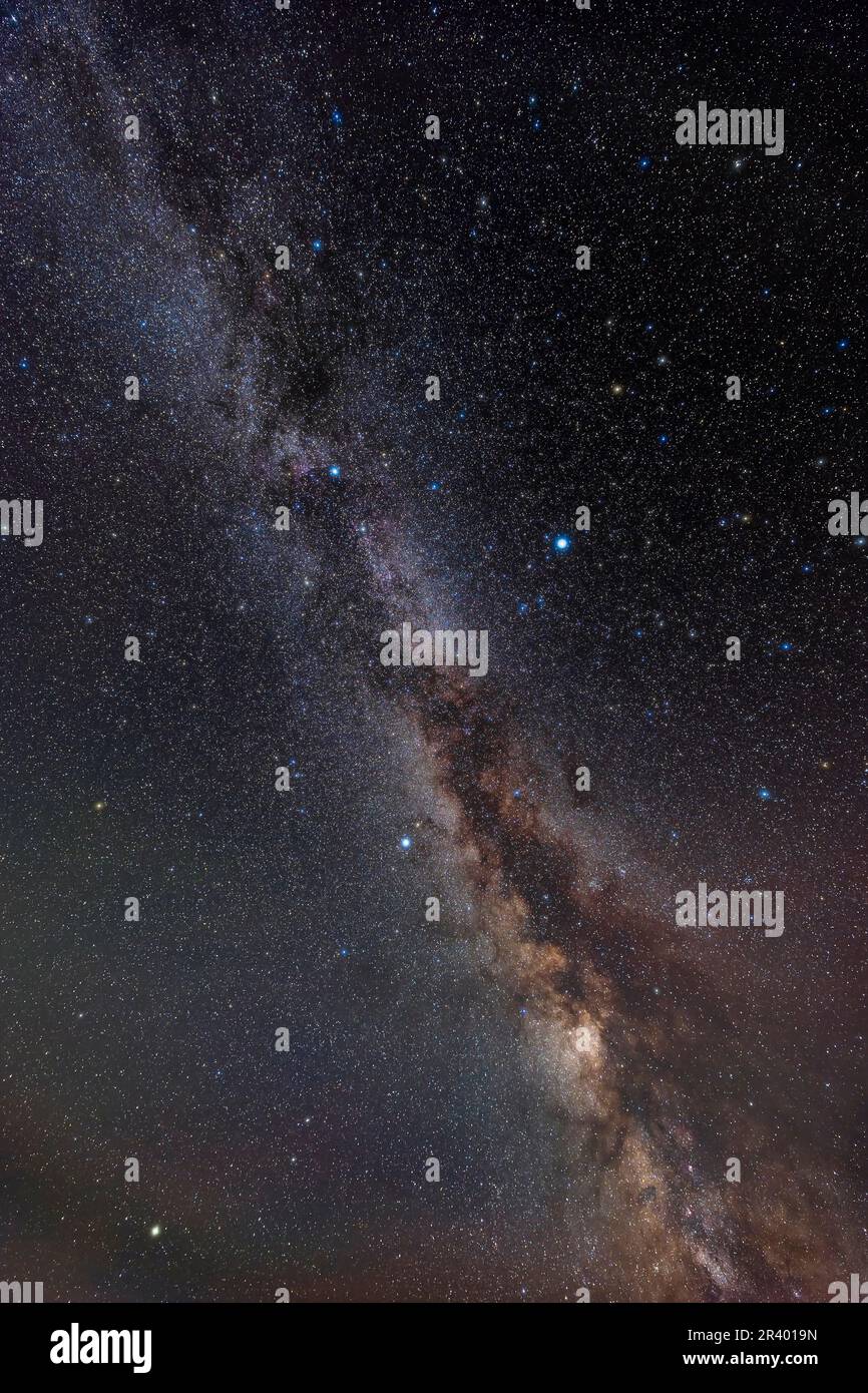 Una vista grandangolare della Via Lattea estiva settentrionale da Cefeo (in alto) a Serpens (in basso). Foto Stock