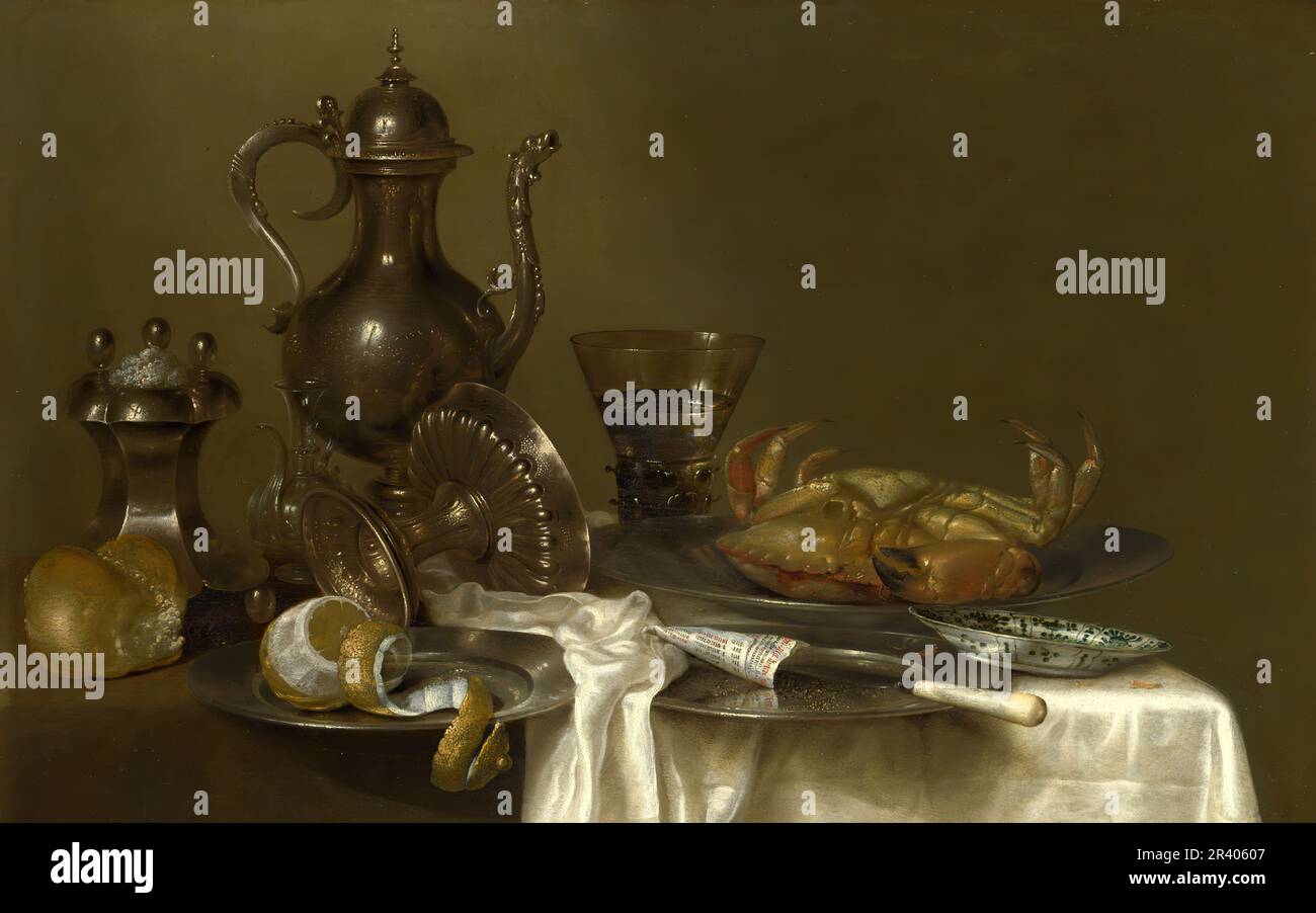 Titolo completo: Still Life: Vaso da cuccia e vasi d'argento e granchio artista: Willem Claesz. Heda Data di creazione: Probabilmente circa 1633-7 Foto Stock