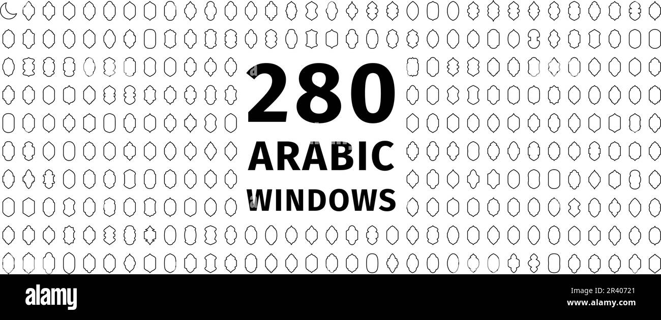 280 sagome arabe per finestre. Tradizionali finestre arabe ornamentali. Ramadan kareem silhouette. Cancello della moschea. Arco arabo di forma musulmana. Illustrazione Vettoriale