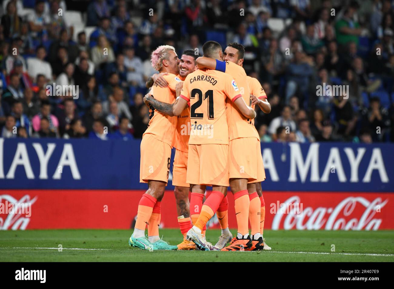 Cornellà DE LLOBREGAT, SPAGNA - 25 MAGGIO: Incontro tra Espanyol e Atlético de Madrid di la Liga Santander allo stadio RCDE il 25 maggio 2023 a Cornellà-El Prat, Spagna. (Foto di Sara Aribó/PxImages) Credit: PX Images/Alamy Live News Foto Stock