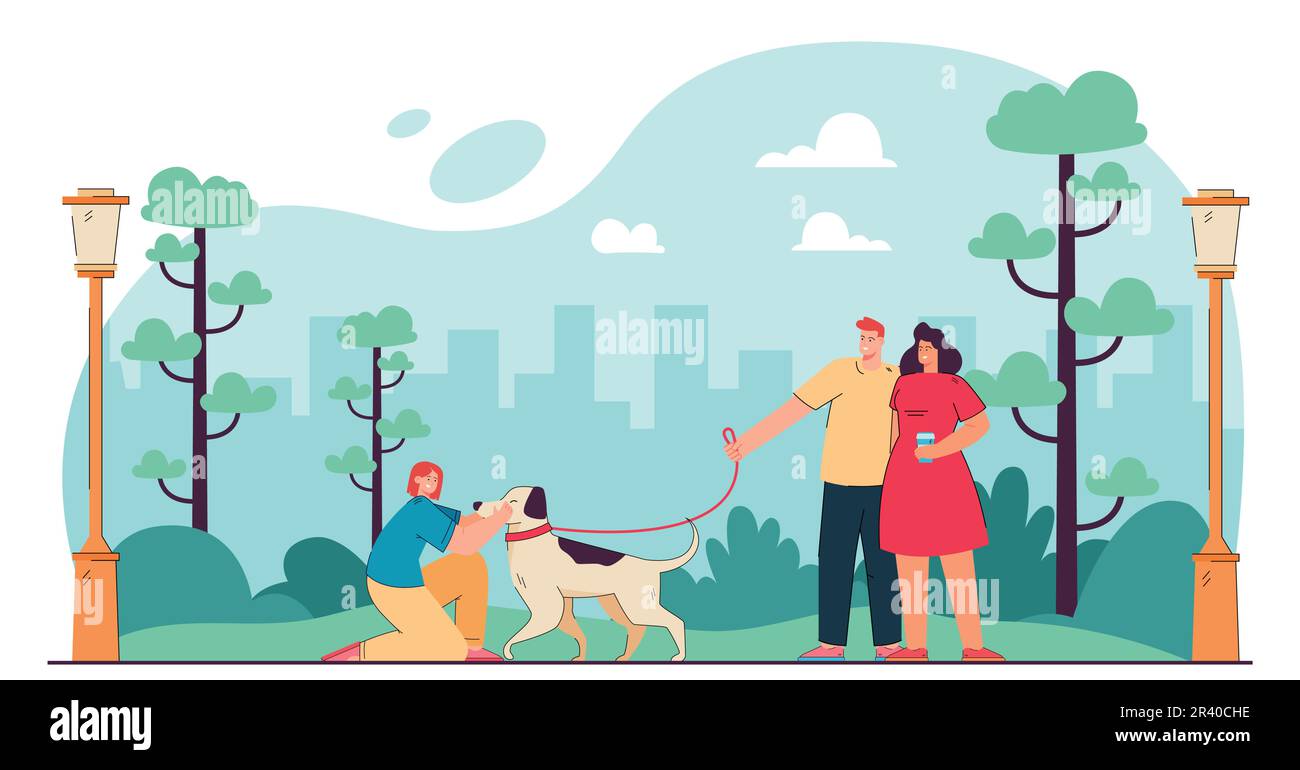 Buon cane da passeggio per la famiglia dei cartoni animati nel parco Illustrazione Vettoriale