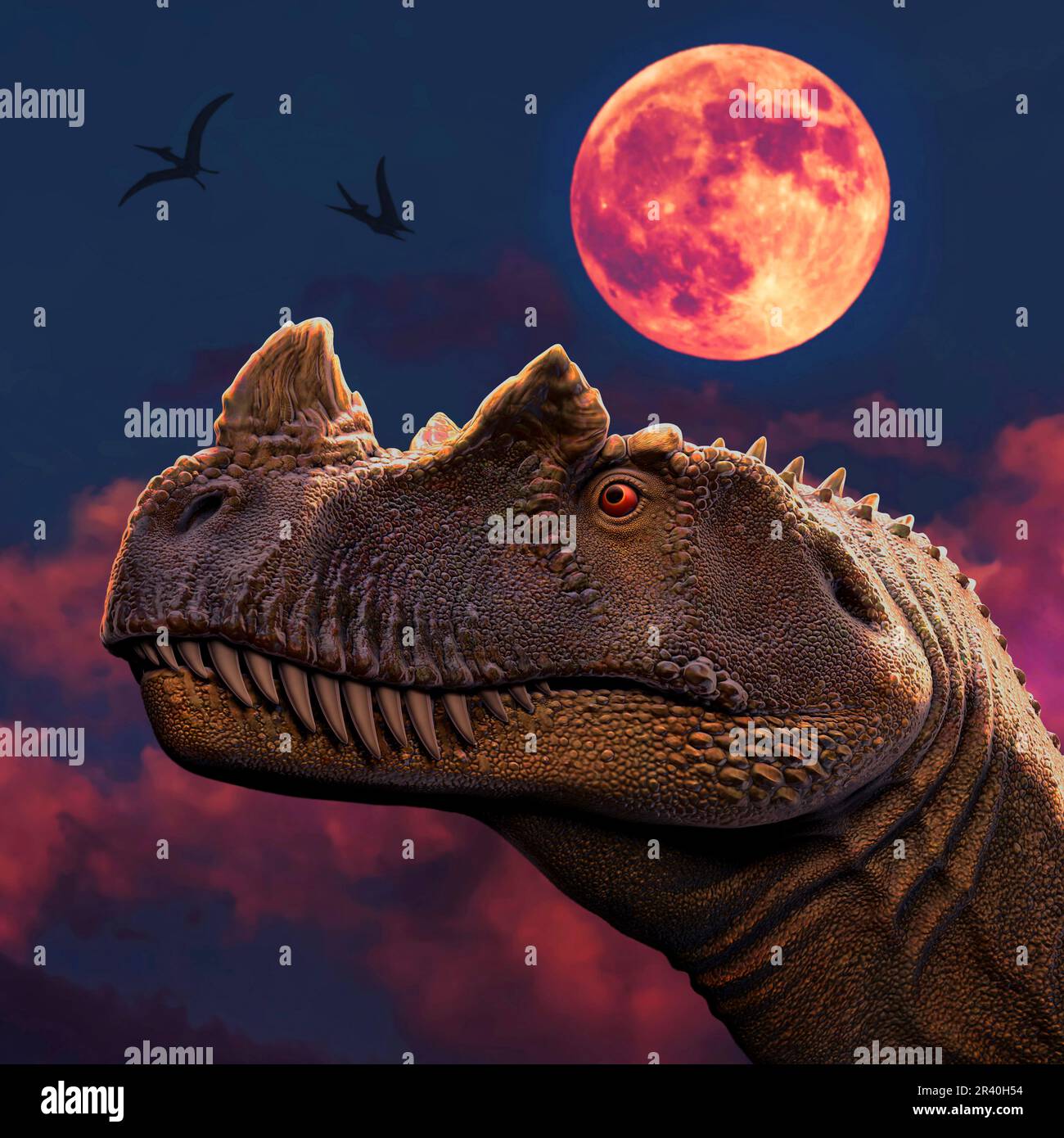 Ritratto di dinosauro Ceratosaurus di notte. Foto Stock