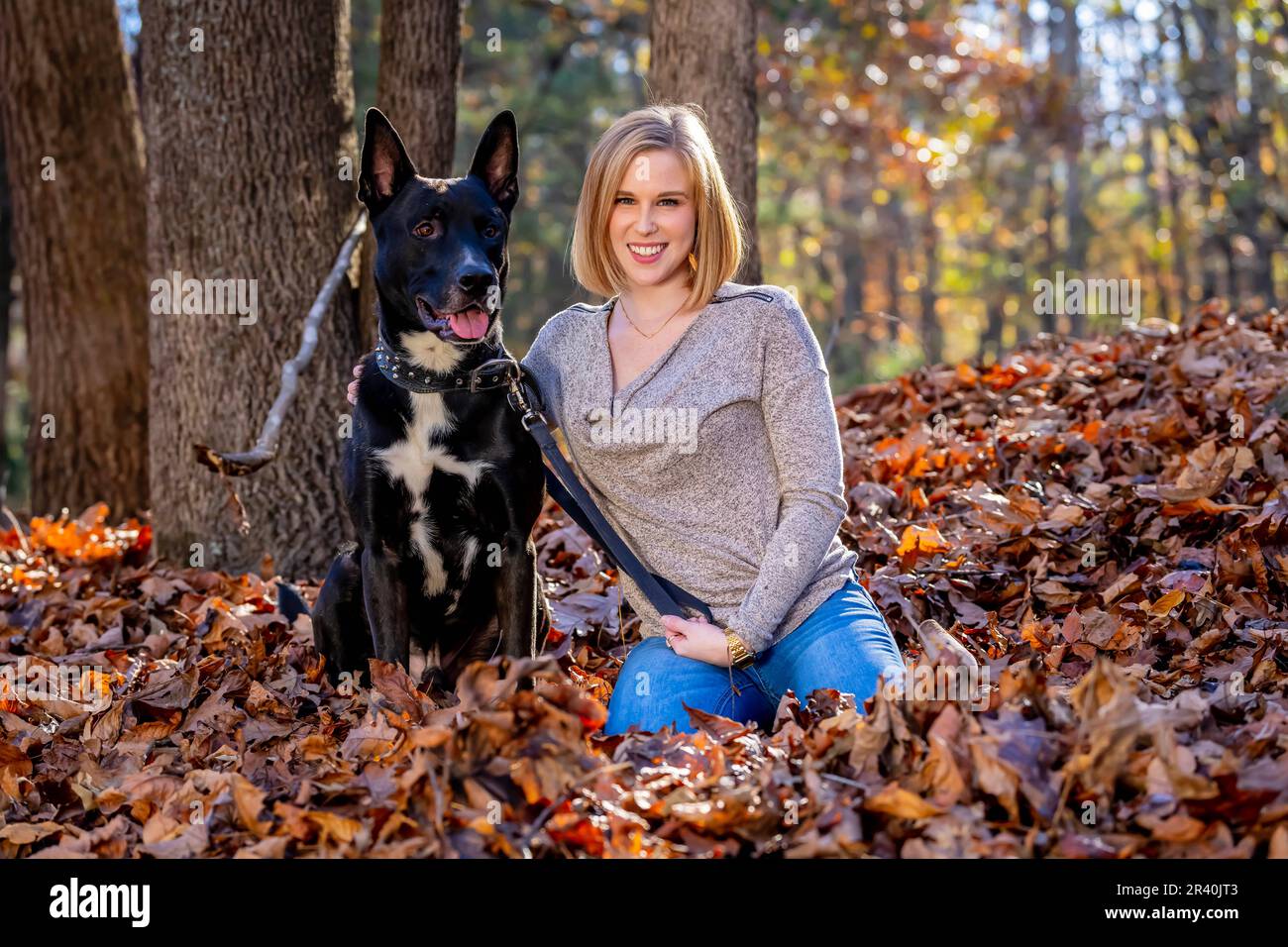 Una bella modella bionda si posa all'aperto mentre si gode il clima autunnale con il suo cane da compagnia in Un parco Foto Stock