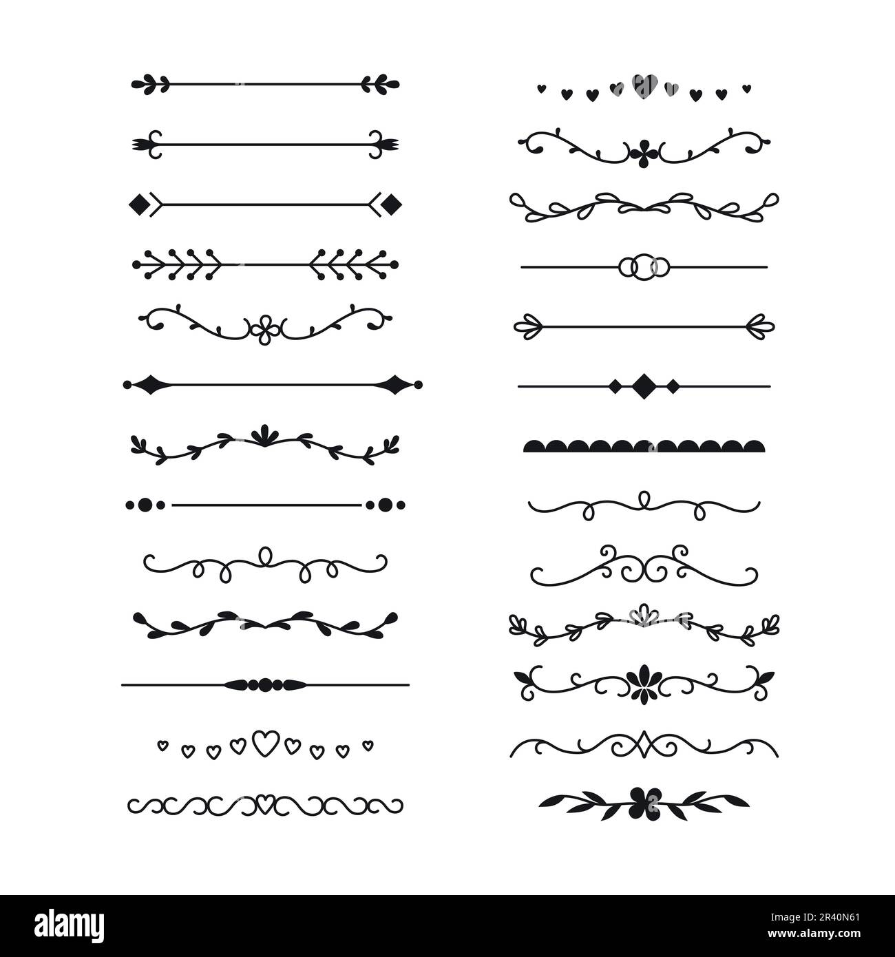 Set di divisori, bordi, linee disegnati a mano. Eleganti elementi di design vintage. Illustrazione Vettoriale