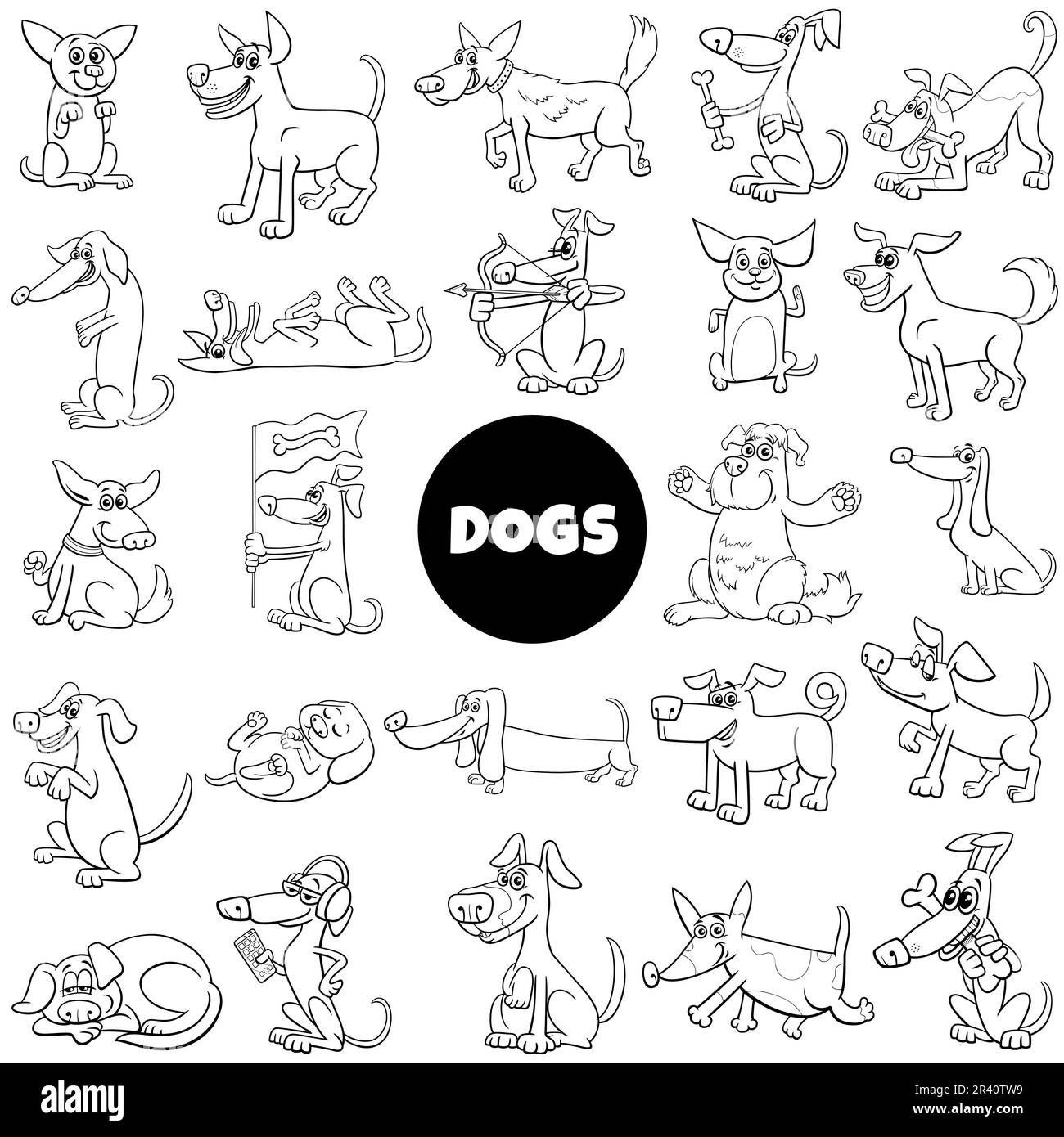 I personaggi dei cani e dei cuccioli dei cartoni animati impostano la pagina da colorare Foto Stock