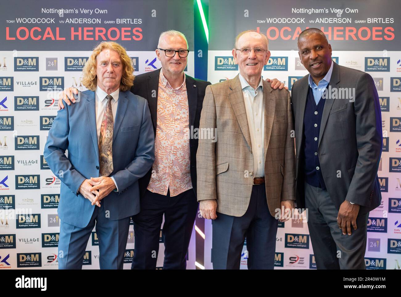 (Da sinistra a destra) Tony Woodcock, Garry Birtles, Ian Bowyer, viv Anderson durante la prima mondiale del documentario Local Heroes at the Arc Cinema, Beeston, Nottingham il 25 maggio, 2023 (Foto di Ritchie Sumpter/Alamy Live News) Foto Stock