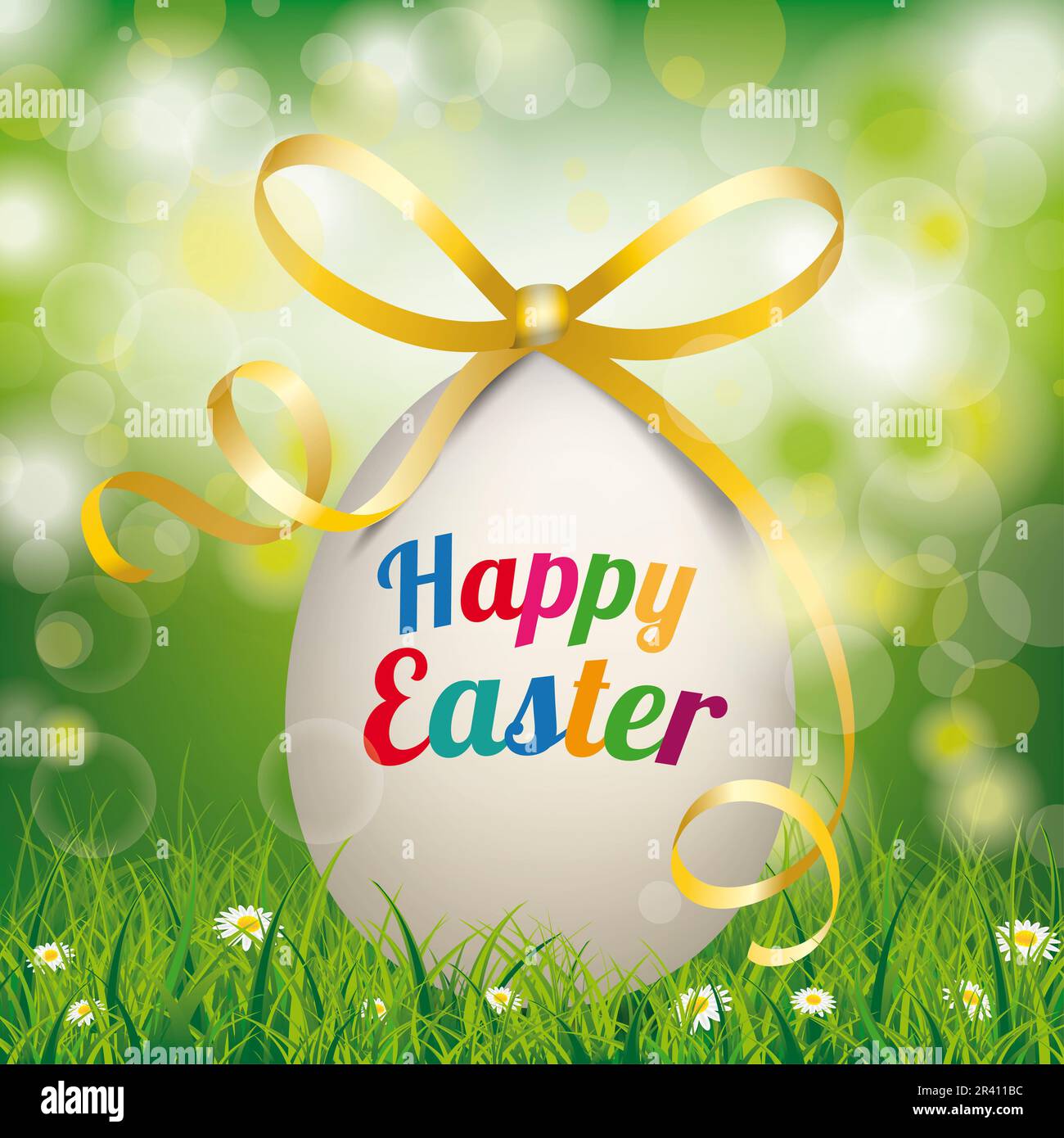 Erba Bokeh Felice Pasqua uovo giallo nastro Foto Stock