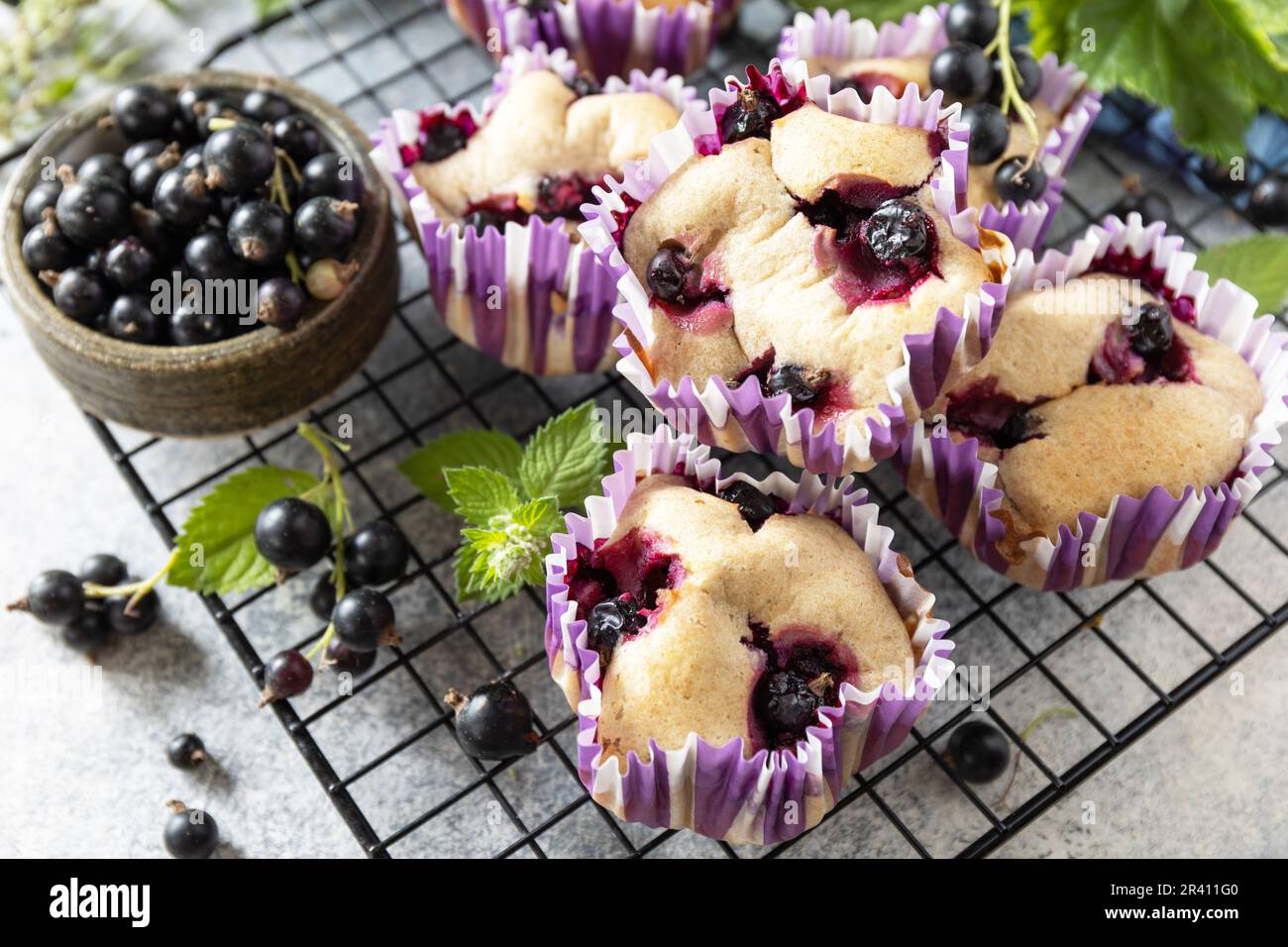 Dessert sano. Pasticceria vegana senza glutine. Muffin alla banana con fiocchi d'avena e ribes nero su un tavolo di pietra. Foto Stock