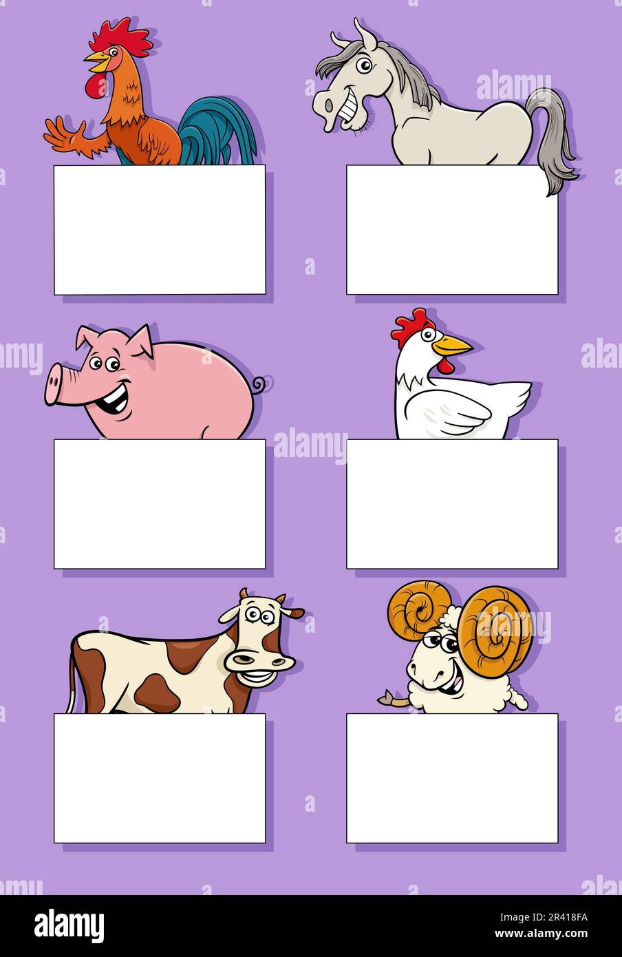 Cartoni animati animali da fattoria con carte o banner set di progettazione Foto Stock