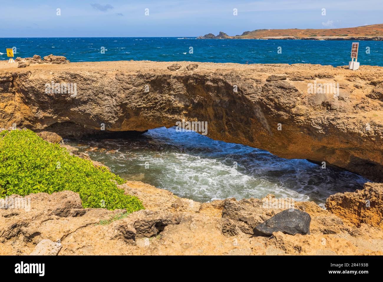 Splendida vista della costa rocciosa dell'isola di Aruba sullo sfondo del mare dei Caraibi con il ponte naturale. Foto Stock