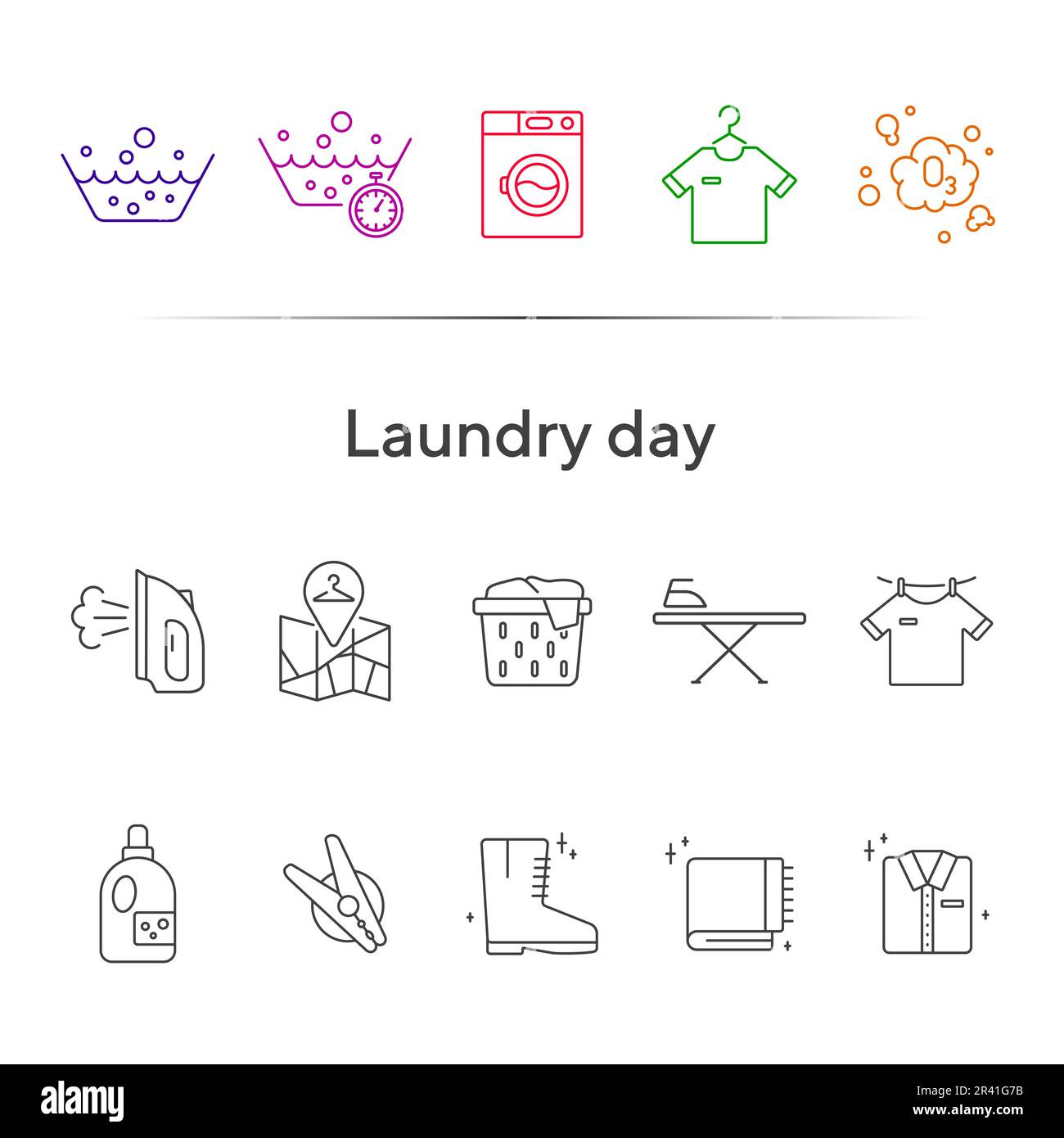 Set icone linea giorno lavanderia Illustrazione Vettoriale
