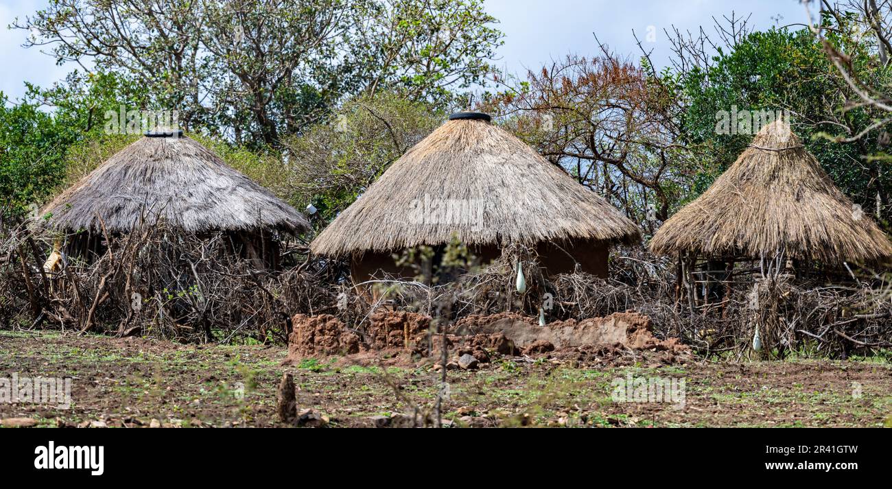 Capanne tradizionali rotonde con tetto in erba e muro di argilla in un villaggio remoto. Kenya, Africa. Foto Stock