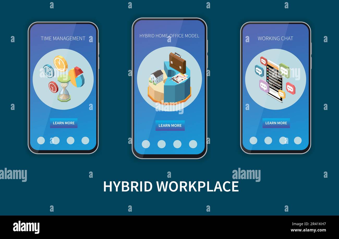 Hybrid workplace time management home Office model working chat isometrico set di banner mobili verticali illustrazione vettoriale isolata Illustrazione Vettoriale