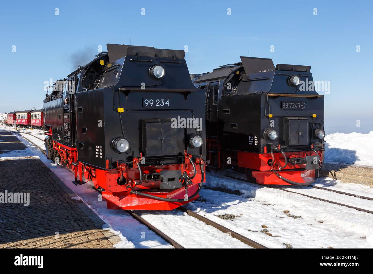 Locomotive dei treni a vapore della ferrovia a vapore Brockenbahn sul Brocken in Germania Foto Stock