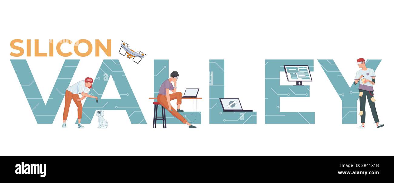 Composizione a valle di silicio con testo piatto circondato da personaggi umani laptop che volano drone su sfondo vuoto illustrazione vettoriale Illustrazione Vettoriale