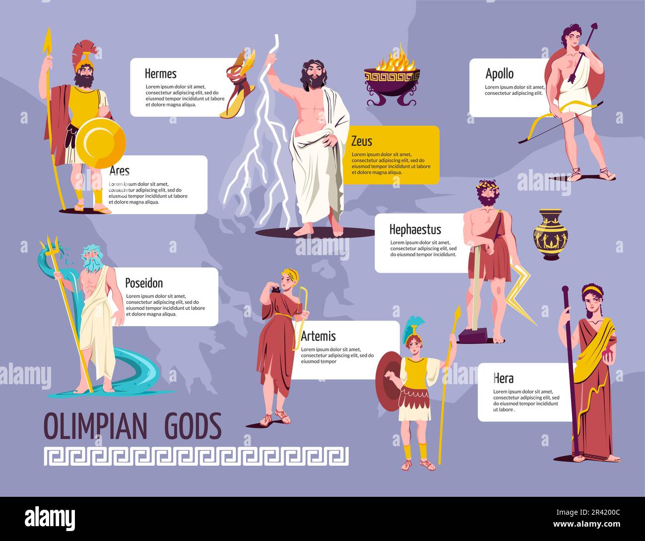 Infografica piatta degli dei olimpici con hermes ares poseidon appolo aeus artemis hera hephaestus figure e descrizioni illustrazione vettoriale Illustrazione Vettoriale