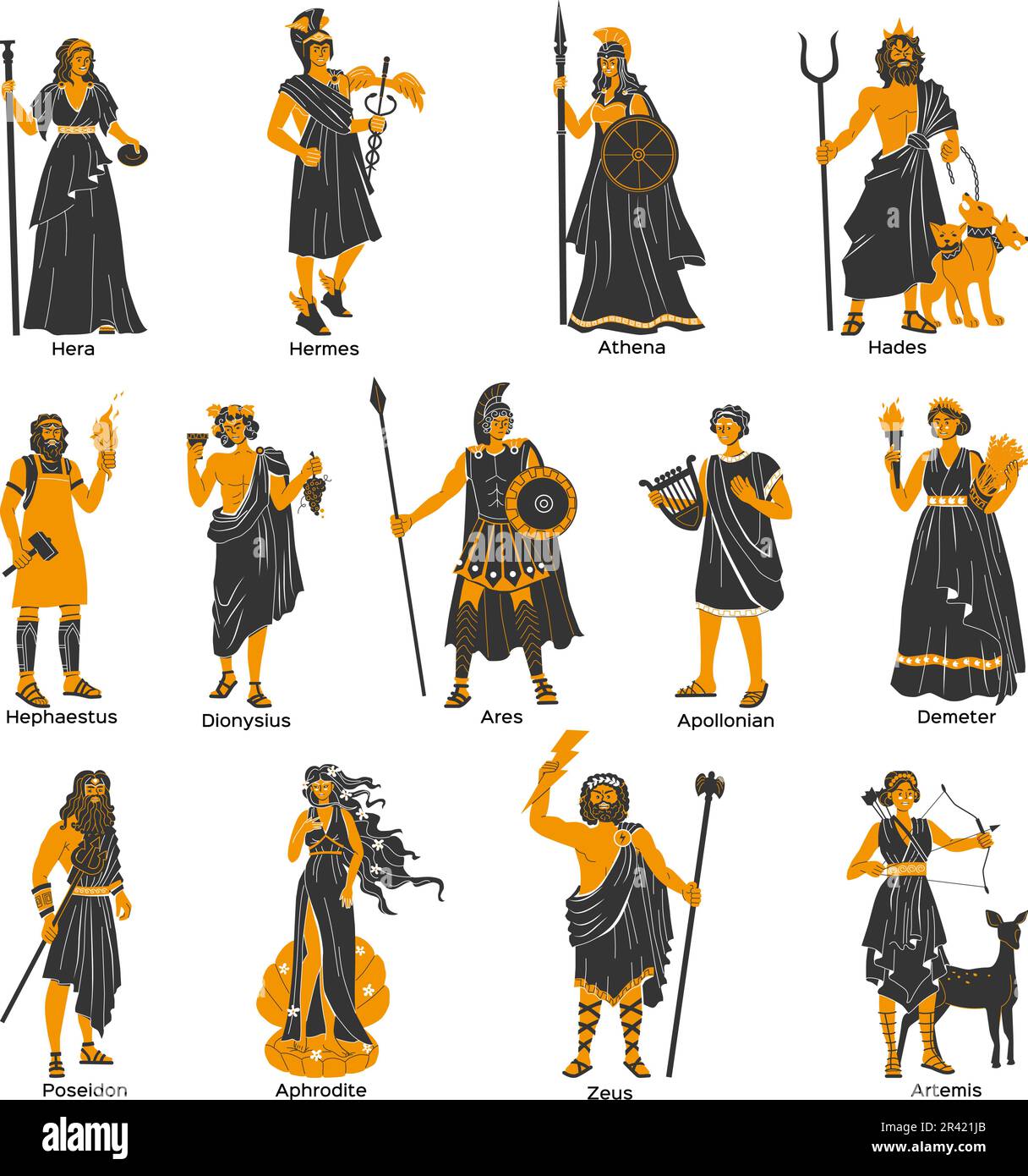 Olympus Gods piatto insieme di apollo poseidon artemis demeter hera hermes athena zeus caratteri isolato vettore illustrazione Illustrazione Vettoriale