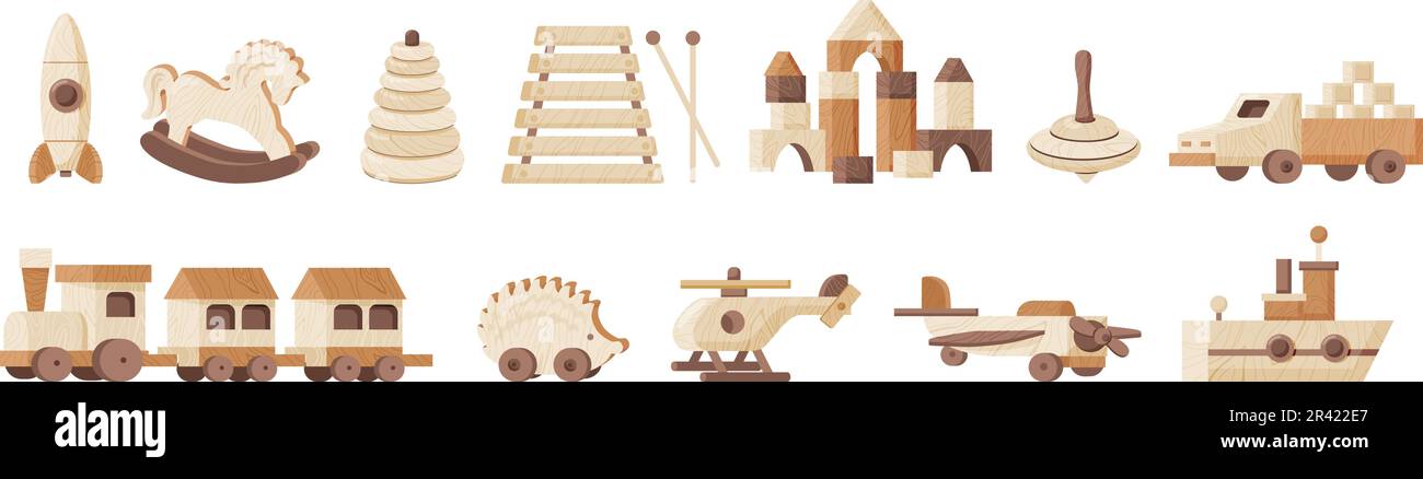 Vintage giocattoli in legno piatto set con elicottero vortice razzo piramide nave treno isolato vettore illustrazione Illustrazione Vettoriale