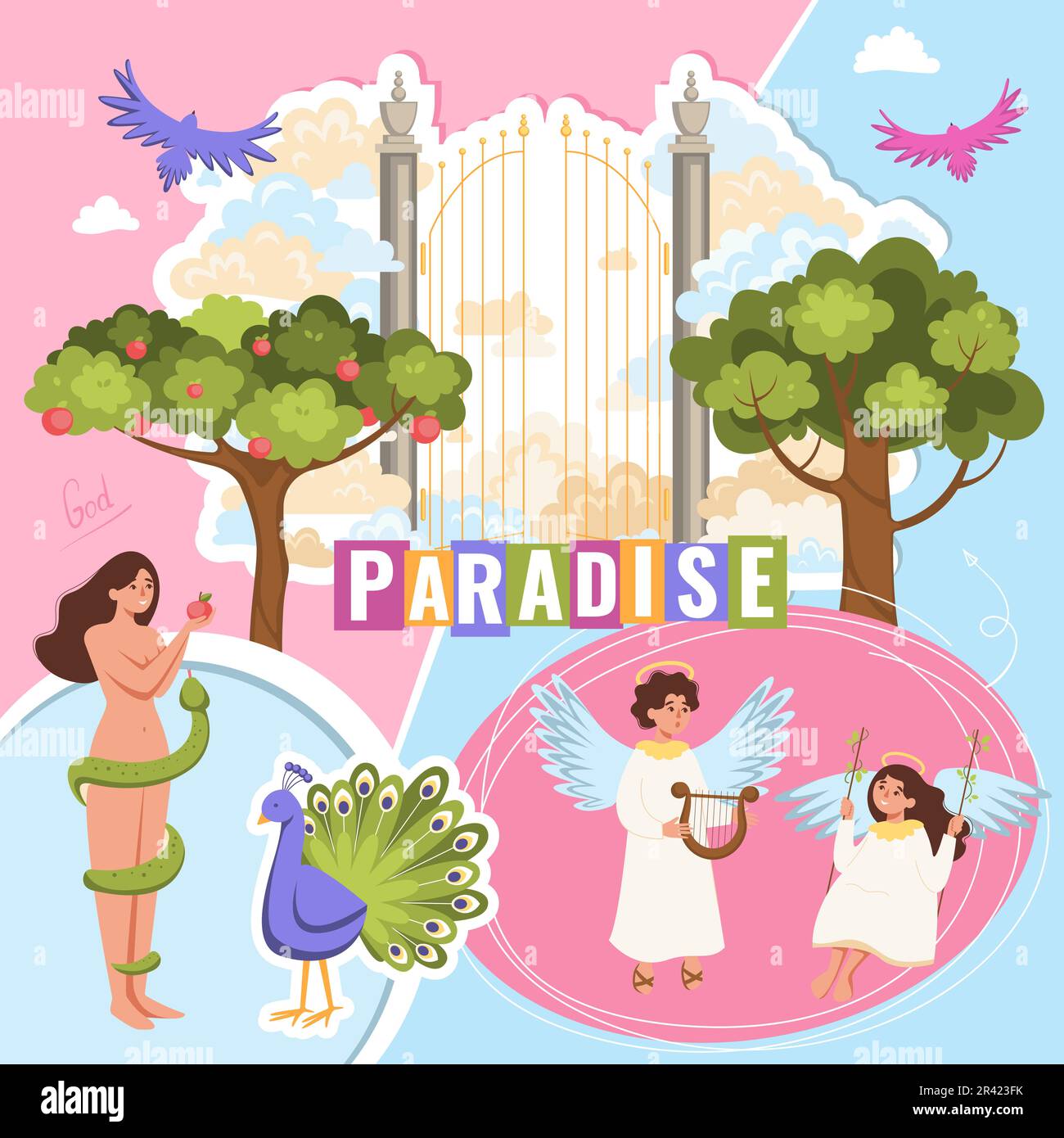 Paradise composizione biblica con collage di immagini piatte con cielo porta mela di discordia e angeli illustrazione vettoriale Illustrazione Vettoriale