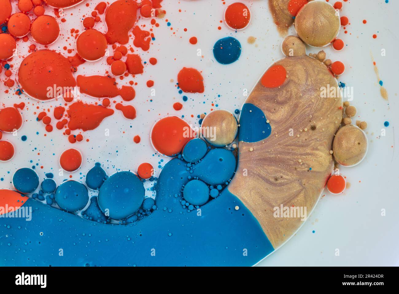 Fondo orizzontale bianco con vernice acrilica blu e arancione oro e bolle d'olio che si fondono in forma di ameba Foto Stock