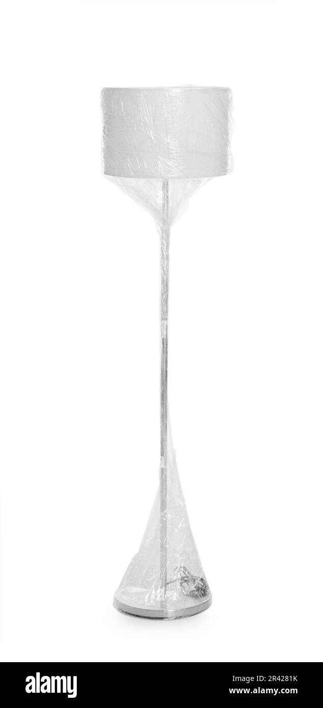 Lampada avvolta in pellicola stretch su sfondo bianco Foto Stock