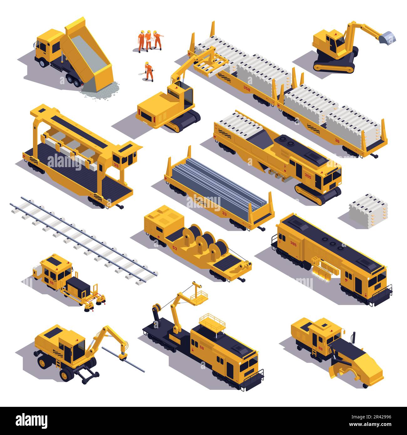 Set isometrico di attrezzature per la posa di binari ferroviari veicoli materiali da costruzione e lavoratori isolato 3D illustrazione vettoriale Illustrazione Vettoriale