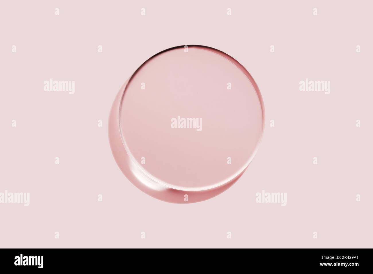 Capsula di Petri rotonda vuota o vetrino su sfondo rosa. Mockup per campioni di prodotti cosmetici o scientifici Foto Stock