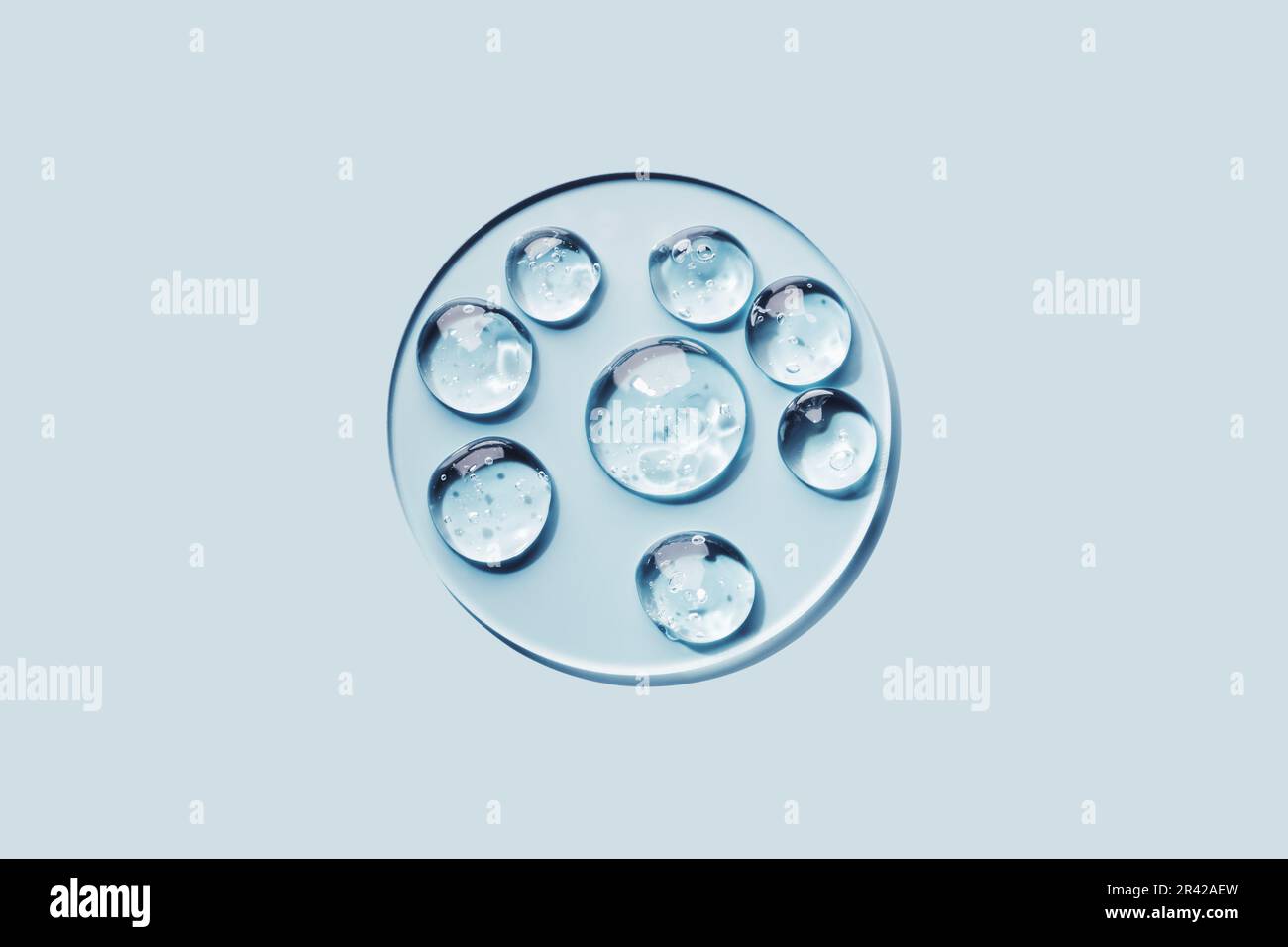 Campioni di prodotti cosmetici in gel in una capsula di Petri su sfondo blu, ombre dure Foto Stock