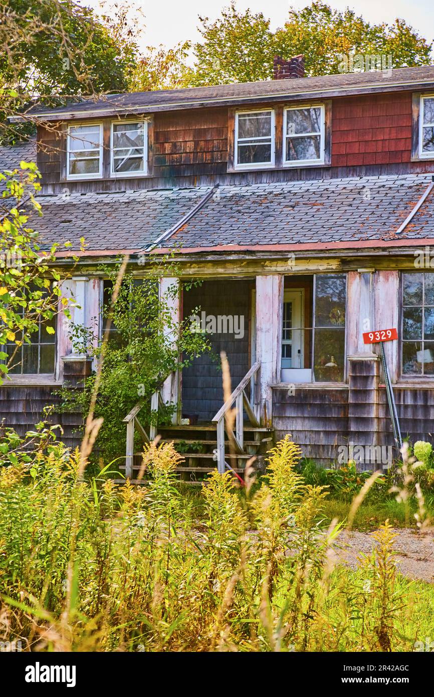 Casa urbana abbandonata con tetto rotto scandole rosse e nere sovracrescita pareti Foto Stock