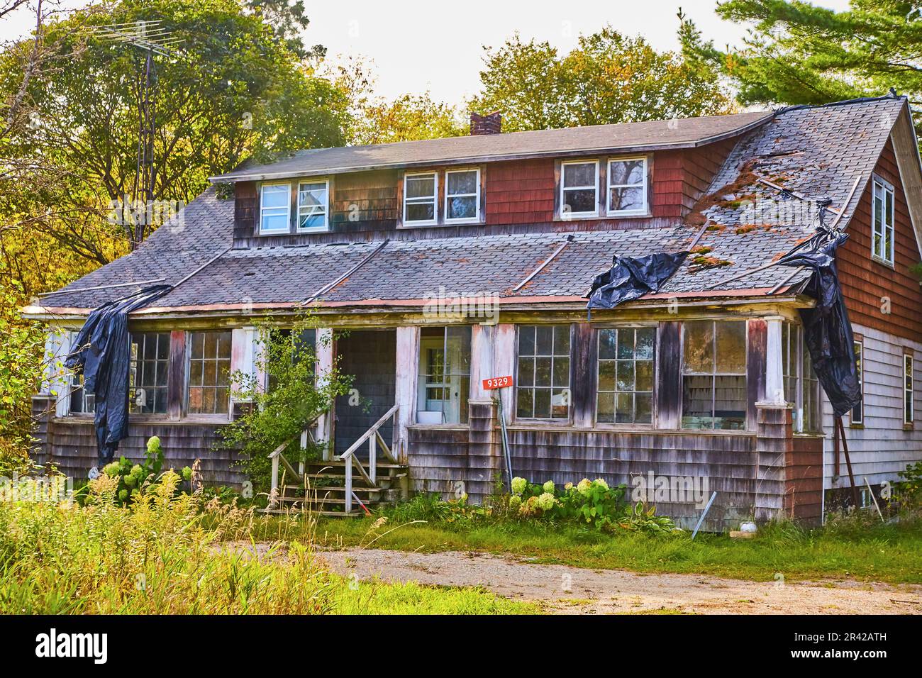 Scandole rosse che cadono da vecchia casa abbandonata con scandole rotte di tarpo nero e gradini di legno Foto Stock