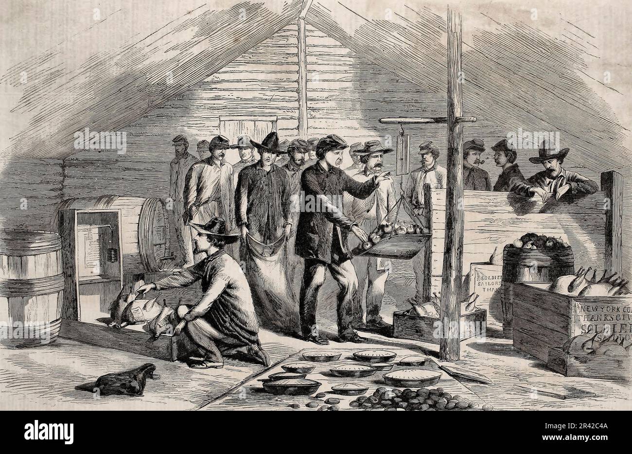 Esercito del Potomac - scena alla stazione di Warren - i nostri soldati ricevono il regalo del Poeple - distribuzione dei Viands del Ringraziamento alle truppe del corpo 5th e 9th - Suter del Commisario che pesano fuori i depositi, 1864 Foto Stock