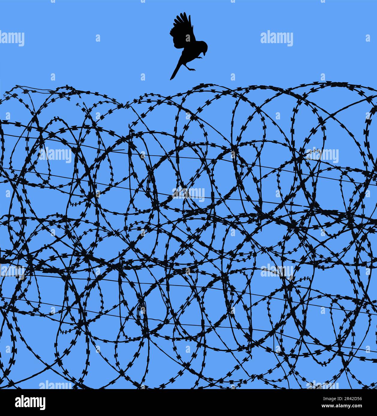 Un uccello libero sta per atterrare su filo Razor, filo contstantino, filo spinato di una prigione ed è visto di fronte ad un cielo blu in questa immagine di sfondo. Illustrazione Vettoriale