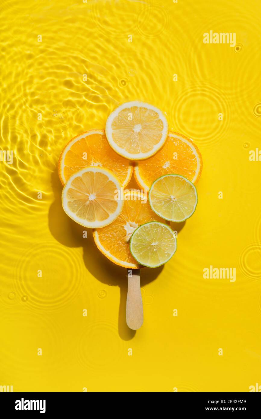 Popsicle creativo a base di fette di agrumi in acqua gialla con cerchi concentrici e increspature. Riepilogo rinfrescante Foto Stock