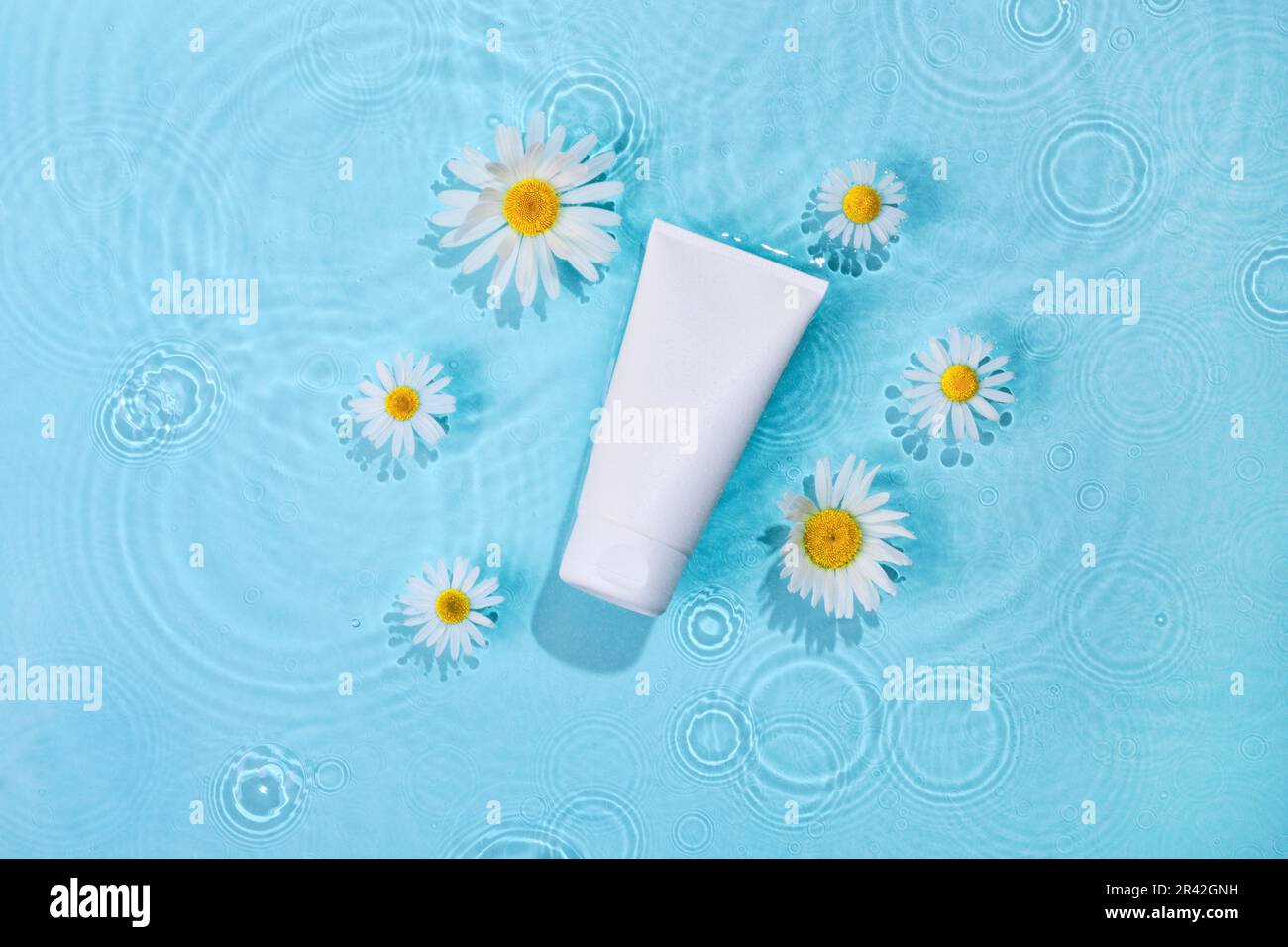 Tubo mockup bianco con cosmetici organici su fondo di acqua blu. Prodotto di bellezza idratante e nutriente, camomilla, concen Foto Stock