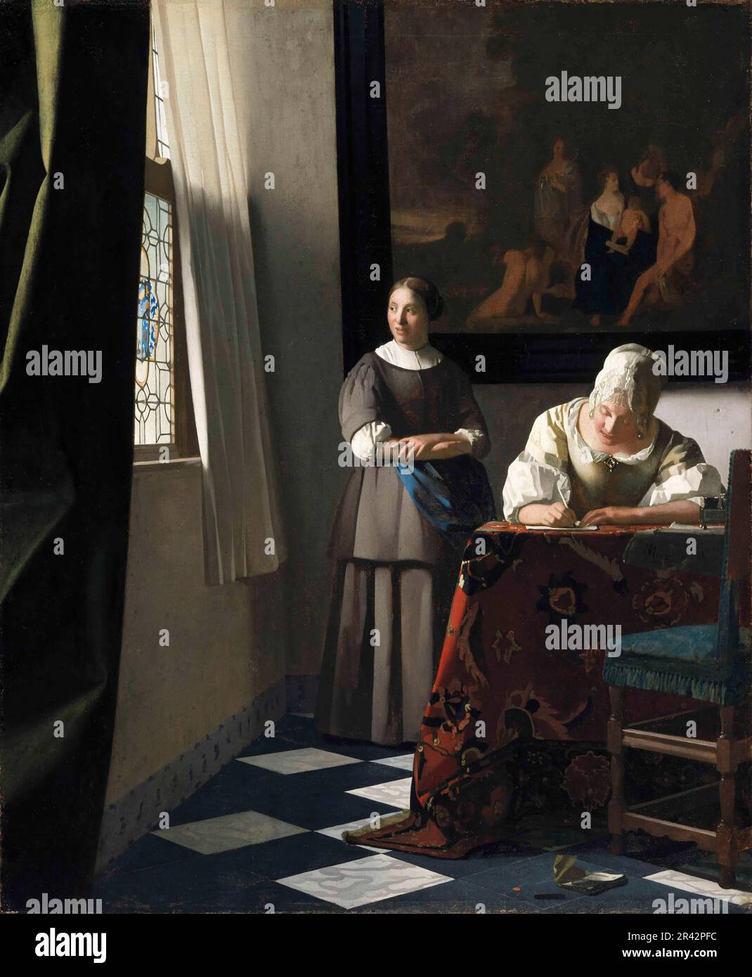 Lady scrivendo una lettera con la sua cameriera dipinta dal pittore olandese dell'età dell'oro Johannes Vermeer nel 1670-1671 Foto Stock
